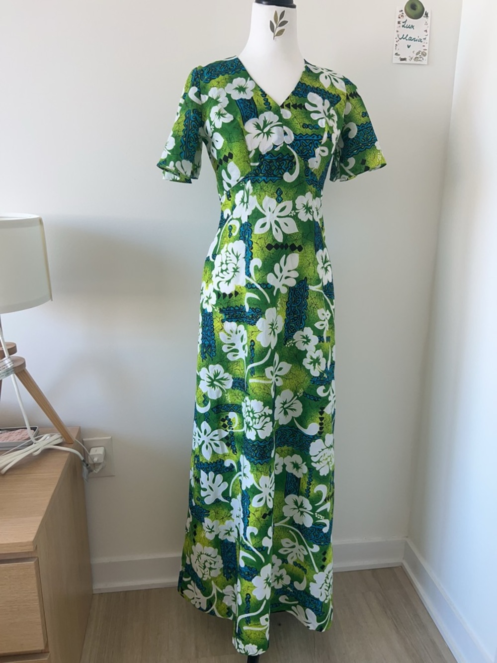 Royal Hawaiian Green Hibiscus Floral Vintage Maxi Dress Size XS-S Beach Costal